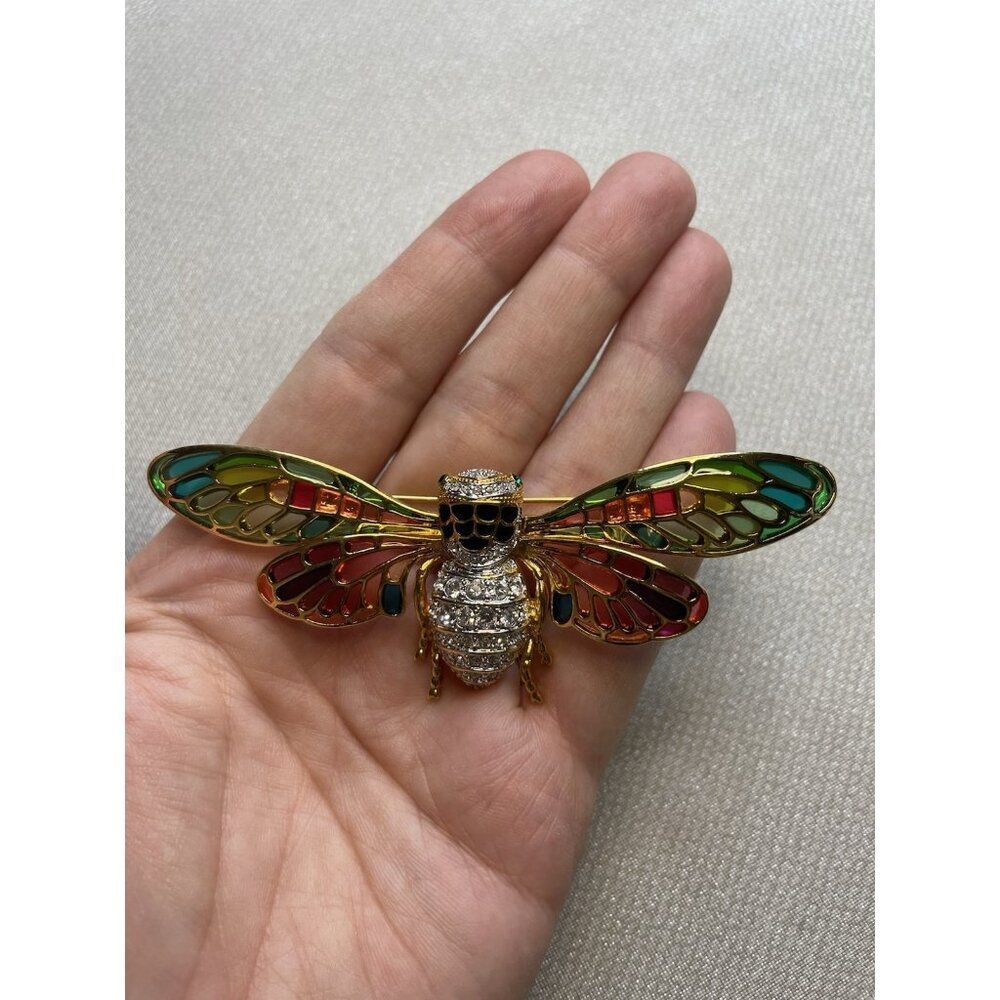 Vintage Joan Rivers Plique A Jour Stain Glass Enamel Crystal Cicada Bug Brooch - Picture 3 of 13